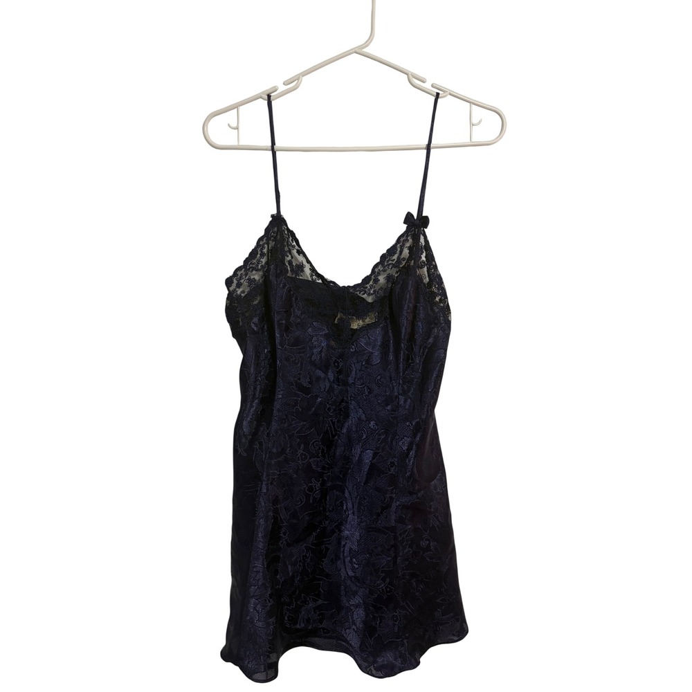 Victoria's Secret Slip Dress Vintage Jacquard Navy Blue Lace Trim Large Coquette